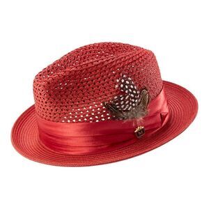 MONTIQUE MEN'S CRIMSON COLOR PINCH BRAIDED FEDORA WITH MATCHING SATIN RIBBON H34
